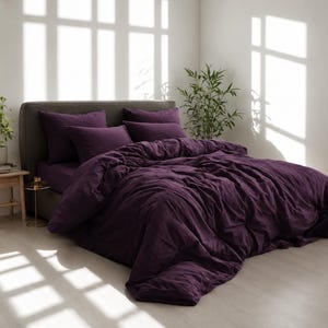 Pflaumenfarbenes Baumwollbettwäsche-Set - Bettbezug-Set aus weicher gewaschener Baumwolle, tiefviolette Bettwäsche, gemütliches Schlafzimmerdekor