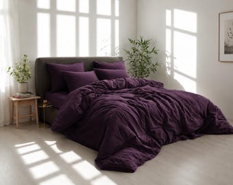 Parure de lit en coton prune - Parure de lit en coton lavé doux, literie violet foncé, décoration de chambre confortable