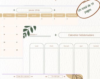May include: A printable family planning kit with a calendar for January 2026, weekly planner, shopping list, and to-do list. The kit includes 19 pages. The design features a neutral color palette with botanical accents.