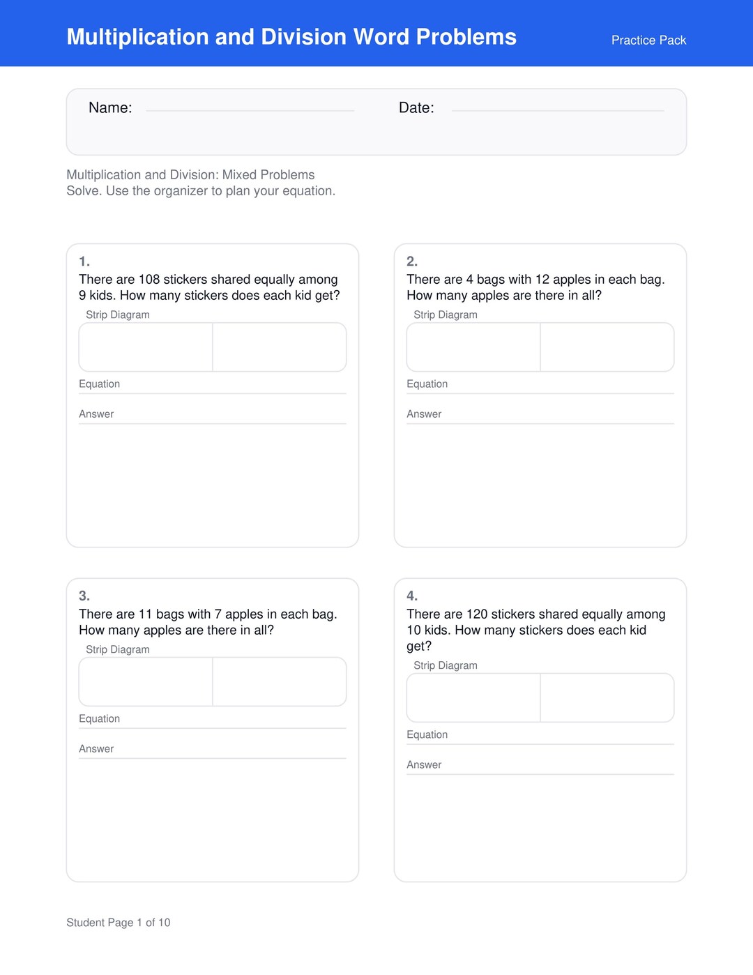 Grades 3-5 Multiplication & Division Word Problems With Strip Diagrams ...
