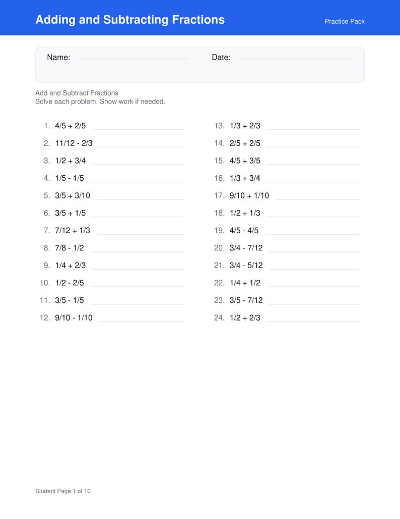 Fractions Worksheets | Grades 3-5 Math Practice (digital Download) - Etsy