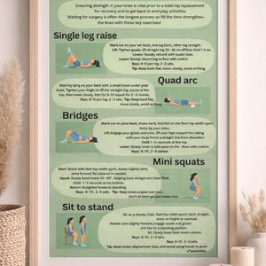 May include: A framed poster with exercises for pre-total knee replacement. The poster includes illustrations and instructions for single leg raises, quad arcs, bridges, mini squats, and sit-to-stand exercises. The text is in green and white.