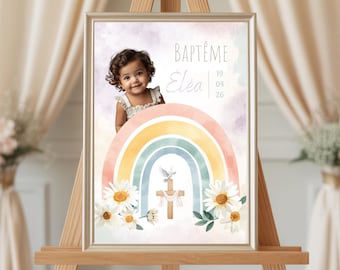 Affiche baptême personnalisée arc-en-ciel avec photo – Poster baptême prénom et date – Décoration – Cadeau baptême garçon – Affiche souvenir