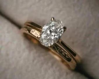 Vintage Oval Moissanite Engagement Ring Set, 14K Solid Gold Solitaire Ring, Hand Engraved Wedding Band, Minimalist Bridal Set, Gift for Her