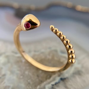 Minimalist Snake Ring, Gold Serpent Bypass Ring, Ruby Gemstone Snake Jewelry, Dainty Open Band Ring, Solid 14K Gold Beaded Snake Tail Ring