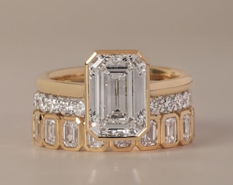 Emerald Cut Bezel Engagement Ring Set Stackable 14K Gold Bridal Set, Emerald Cut Moissanite Ring, Bezel Wedding Band, Stacking Rings for Her