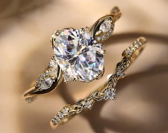 Oval Moissanite Bridal Set, 14K Gold Twisted Vine Engagement Ring, Nature Inspired Marquise Cluster Ring, Curved Matching Band, Gift for Her