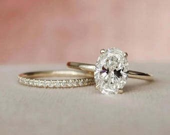 2 CT Oval Moissanite Engagement Ring Set, Vintage Art Deco 14k Solid Gold Bridal Bands, Hidden Halo Moissanite Ring, Dainty Pave Wedding Set