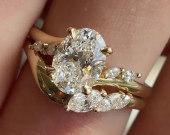 3 CT Oval Moissanite Engagement Ring Set, 10k Gold Marquise Diamond Wedding Band Nature Inspired Bridal Set, Unique Promise Ring For Women