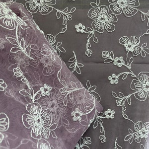Cream Corded Purple Allover Embroidery