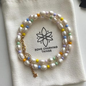 Pastel Beaded Pearl Necklace, Cute Kawaii Aesthetic Necklace, Freshwater Soft Girl Style Pearl Choker, Colorful Summer Jewelry, Gift for Her