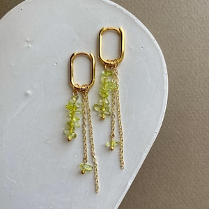 Peridot Dangle Convertible Gold Earrings, Stone Charm Hoops, Green Gemstone Drop Earrings, Detachable Charms, Minimal Luxury Jewelry Gift