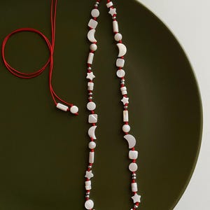 Mother of Pearl Moon Star Necklace, Handmade Shell Choker, Adjustable Red String Luck Necklace, Celestial Boho Jewelry, Minimal Gift for Her