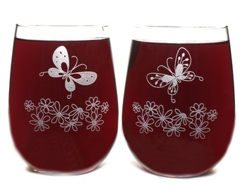 Butterfly Wine Glasses - Set of 2 Crystal Stemless, Engraved, Personalized
