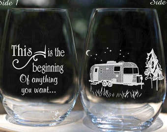 Retirement Wine Glass Camper Under Night Sky with choice of Heartfelt Messages for Side 2