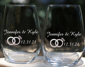 Wedding Ring Wine Glasses - Set of 2 - Personalized - Offered in Stemmed Stemless or Crystal