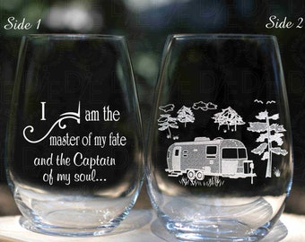 Retirement Wine Glass Camper in the Forest with choice of Heartfelt Messages for Side 2