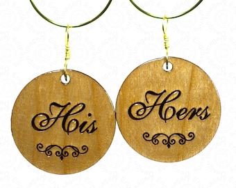 His and Hers Round Wine or Champagne Glass Charms - Solid Cherrywood