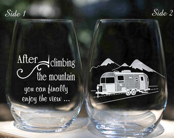 Retirement Wine Glass Camper on Mountain Road with choice of Heartfelt Messages for Side 2