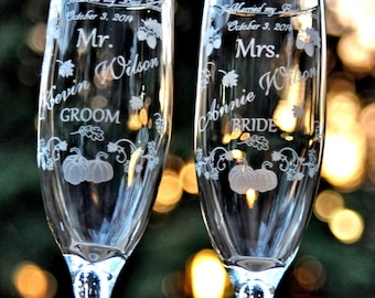 Pumpkin Thanksgiving Fall Wedding Champagne Glasses Set of 2 Personalized