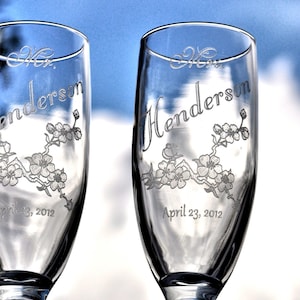 Cherry Blossom Champagne Glasses Personalized with Name and Date