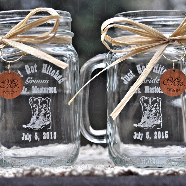 Cowboy Boot Mason Jars,  Personalized Mason Jar Mugs, Bride and Groom Toasting Glasses