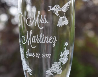 Hummingbirds and Cherry Blossoms Wedding Champagne Toasting Flutes (2) - Personalized with Name or Initials