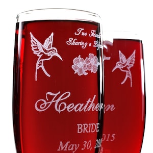 Hummingbird Champagne Flutes Personalized with Poem Names and Date