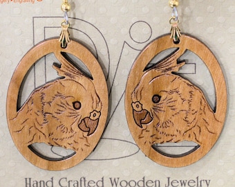 Cherrywood Cockatiel Earrings: Surgical Steel Wires, Bird Jewelry