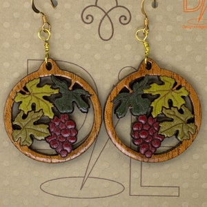 Purple Grape Earrings Hand Inlaid Wood Earrings Mahogany Base 14K Gold Filled Wires Valentine Birthday Mother&#39;s Day or Christmas Gift Wrap