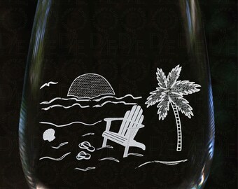 Engraved Beach Scene on Wine Glass, Shells and Sand