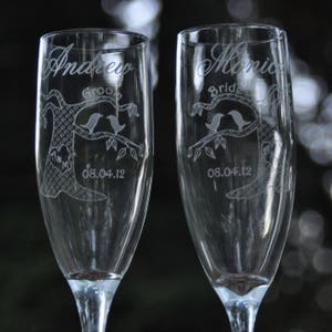 Love Birds in a Tree Champagne Flutes with Initials Carved in Tree Trunk Personalized image 2