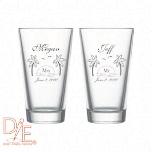 Palm Tree Wedding Pilsners - Set of 2 Single Side Engraved