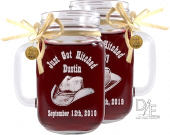 Western Wedding Cowboy Hat Mason Jars,  Personalized Mason Jar Mugs with His Hers Hats and Choice of Charms