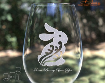 Bunny Wine Glass with Fern: Engraved, Personalized Easter Gift