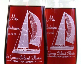 Sailboat Champagne Glasses - Personalized with Names, Date and Destination