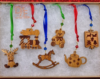 Mini Christmas Ornament Set of 6 Wooden Miniature Xmas Decorations Ready to Ship