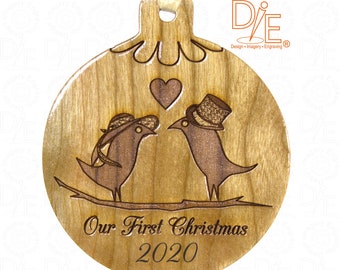 Love Bird First Christmas Ornament Solid Cherrywood