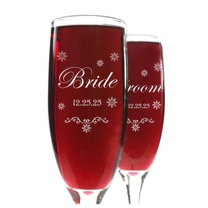 Bride and Groom Champagne Flutes Snowflakes with Wooden Flute Charms
