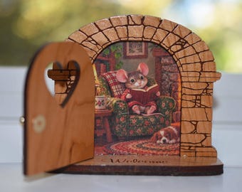 Bookworm Mouse Door for Counter or Baseboard, Solid Cherrywood