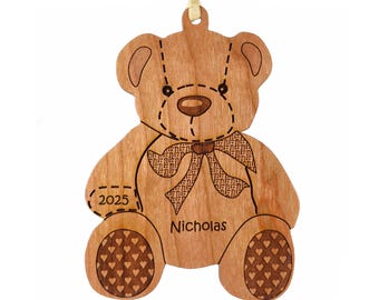 Christmas Tree Ornament - Wooden Teddy Bear Ornament - Solid Wood - Personalized
