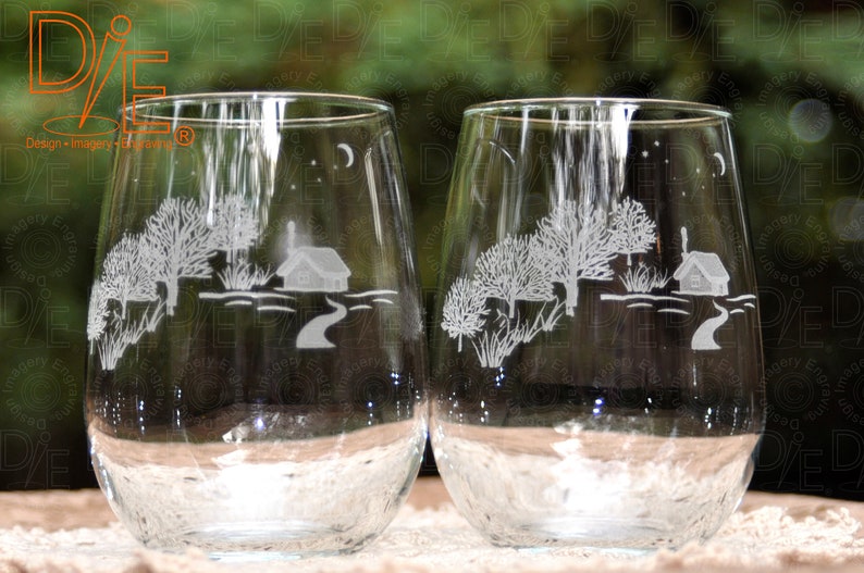 Optional 2nd Side Personalization Winter Cabin Wine Glasses Set of 2