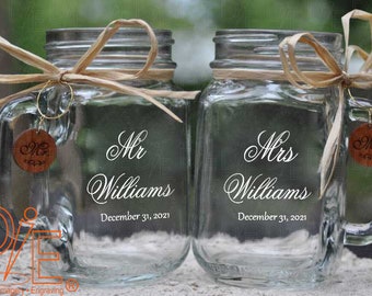 Mr and Mrs Mason Jars with choice of wood charms in Beautiful Script