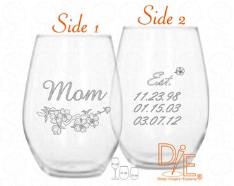 Mom Wine Glass with Dates on Back - Cherry Blossom Art