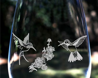 Engraved Hummingbirds hovering over Cherry Blossoms Wine Glass, Personalized