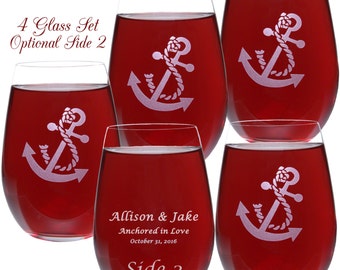 May include: Set of four clear glass wine glasses with an anchor and rope design etched on the front. The text "Allison & Jake Anchored in Love October 31, 2016 Side 2" is etched on the back of one glass.