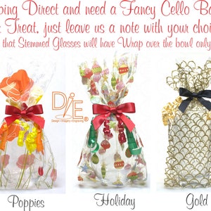May include: Three cellophane bags with different designs. The first bag is red and white with a poppy flower pattern. The second bag is red and green with a holiday ornament pattern. The third bag is gold with a scale pattern. Each bag has a ribbon tied around it. The text "Poppies", "Holiday", and "Gold" is below each bag.
