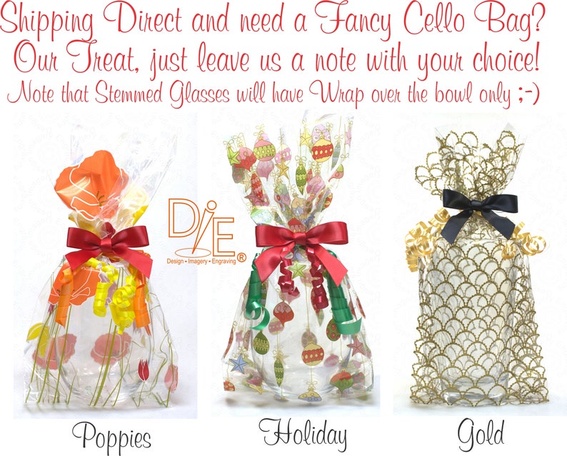 May include: Three cellophane bags with different designs. The first bag is red and white with a poppy flower pattern. The second bag is red and green with a holiday ornament pattern. The third bag is gold with a scale pattern. Each bag has a ribbon tied around it. The text "Poppies", "Holiday", and "Gold" is below each bag.