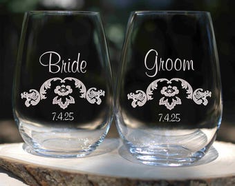Bride Groom Damask Wine Glass Set of 2 Offered in Stemmed Stemless or Crystal