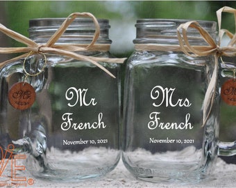 Mr and Mrs Mason Jars with choice of wood charms in a Fancy Cursive